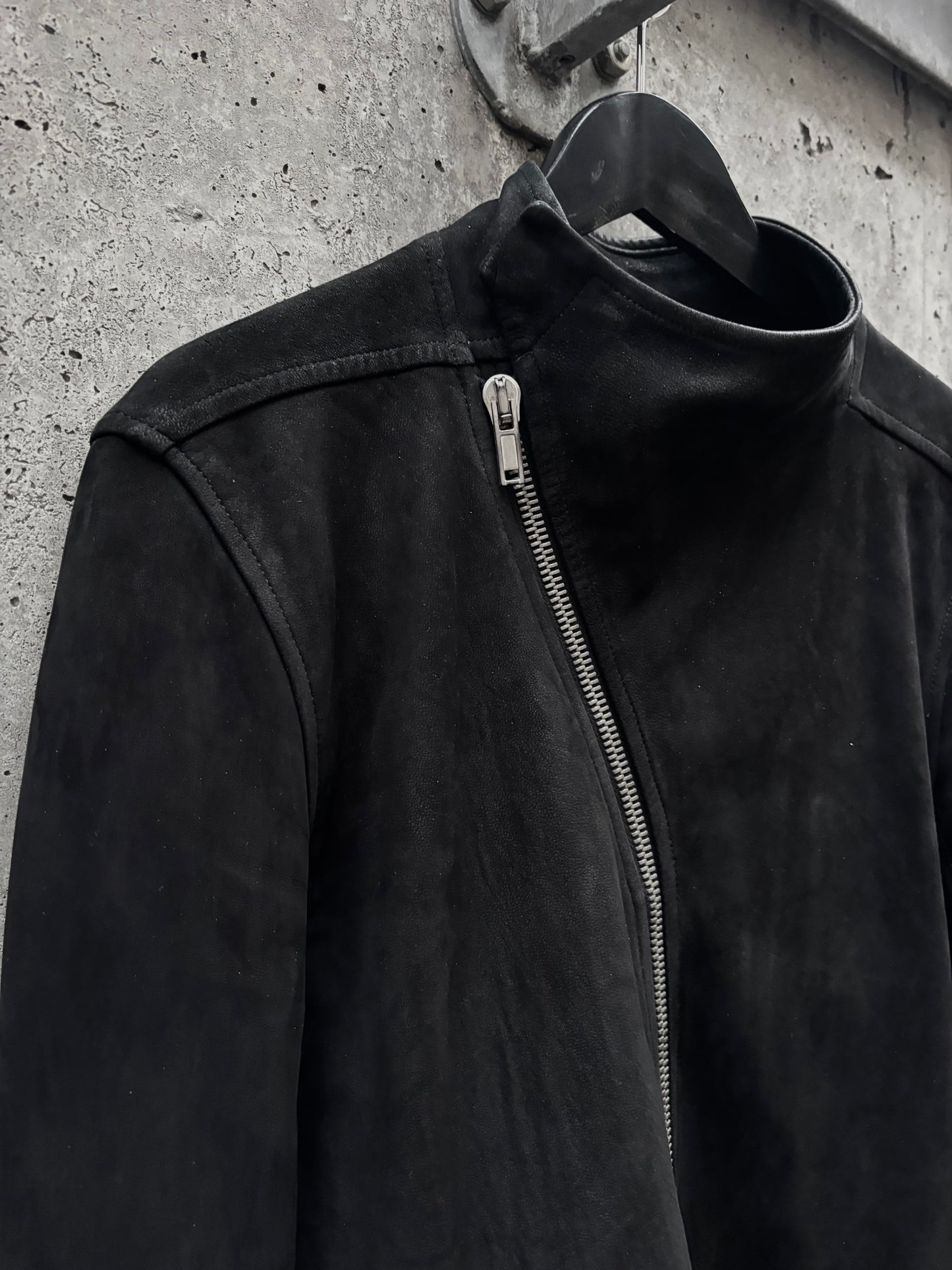 AW/18 Rick Owens Mollino Zip Blistered Suede Black High Neck Leather Jacket (S)