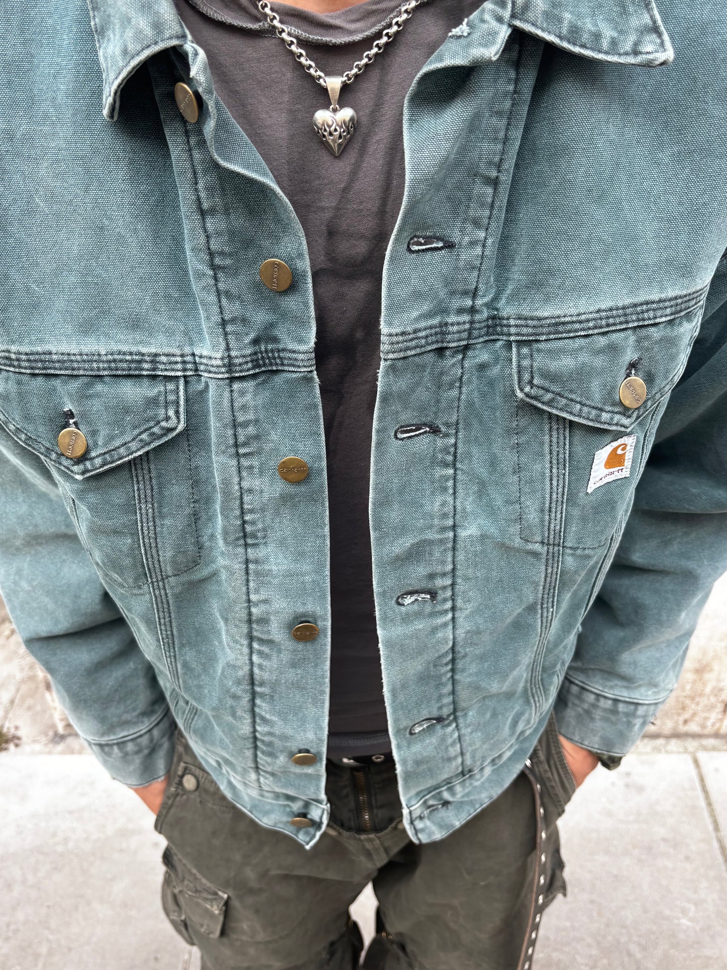 1997 Carhartt Green Washed Workwear Jacket (L)