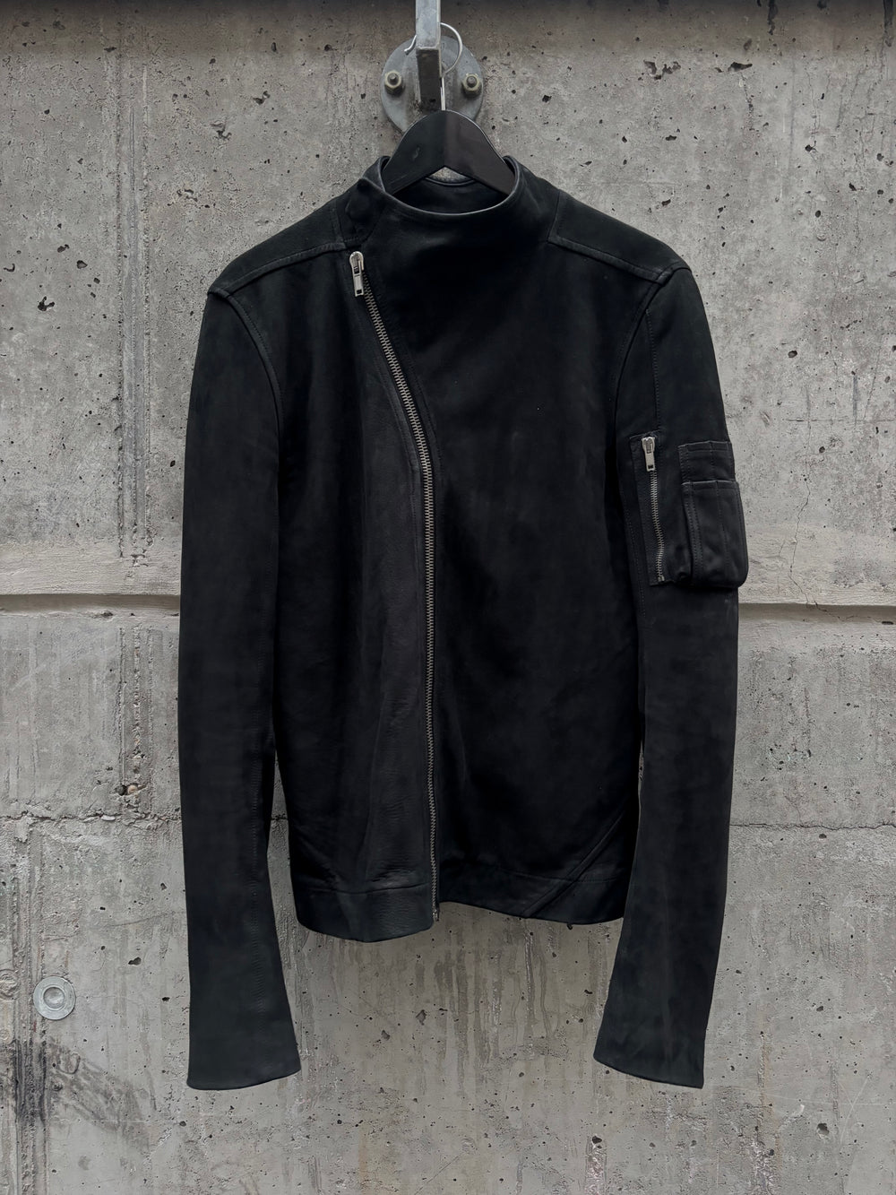 AW/18 Rick Owens Mollino Zip Blistered Suede Black High Neck Leather Jacket (S)