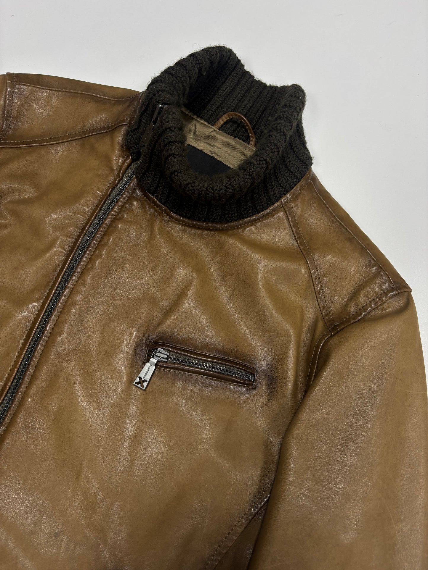 Richmond X Asymmetrical Faded High Neck Leather Jacket (L)