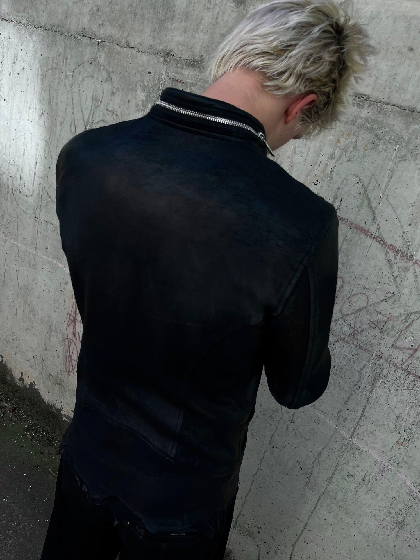 14th Addiction Detoriated Sheepskin Cross-Zip Rider Jacket (S)