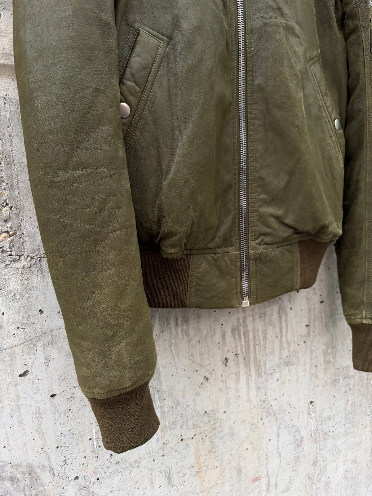 FW/18 Rick Owens Olive Brushed Lamb Nap Intarsia Leather Jacket(48)
