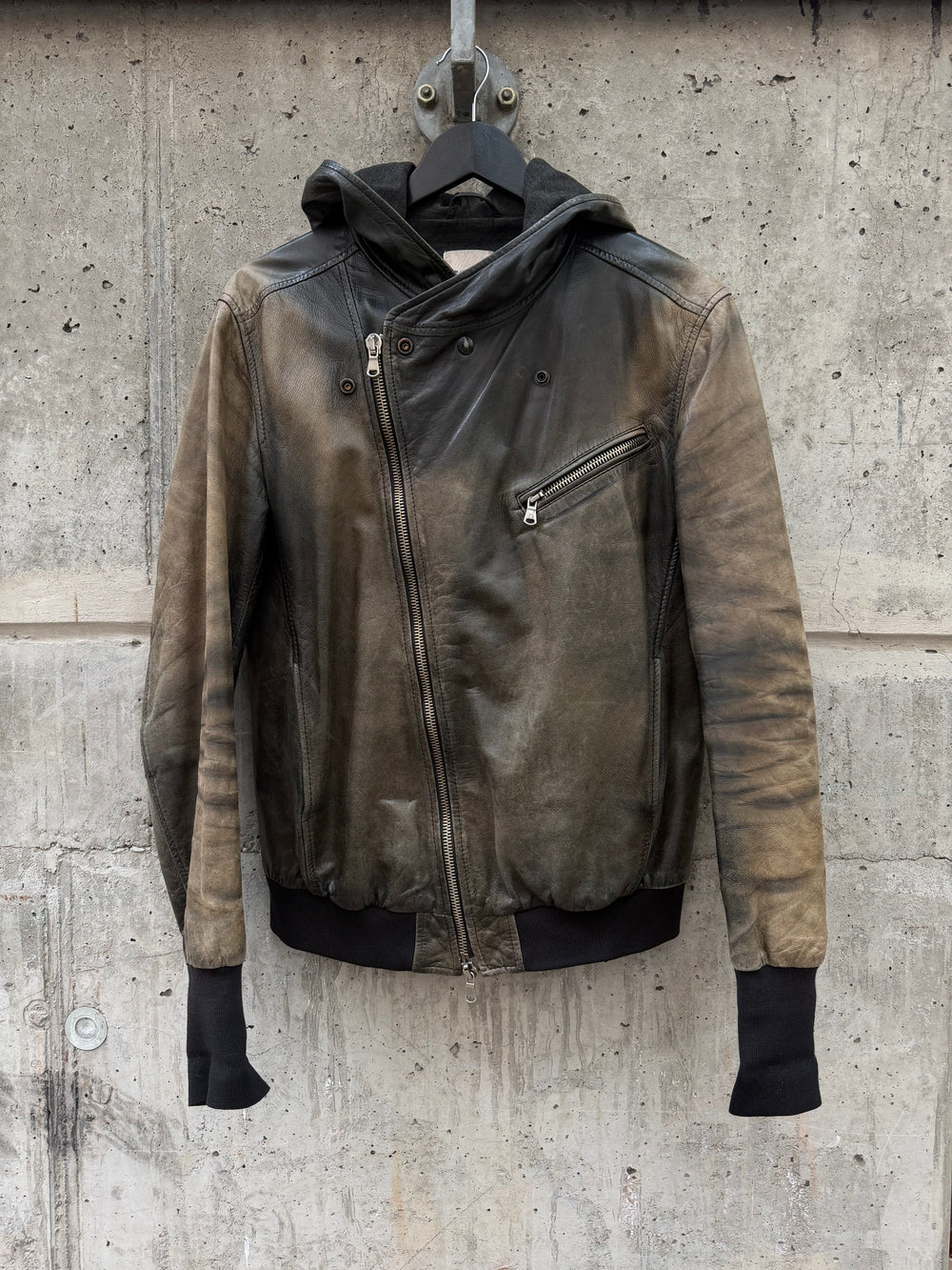 Mauro Grifoni Faded Asymmetrical Hooded Leather Jacket (M)