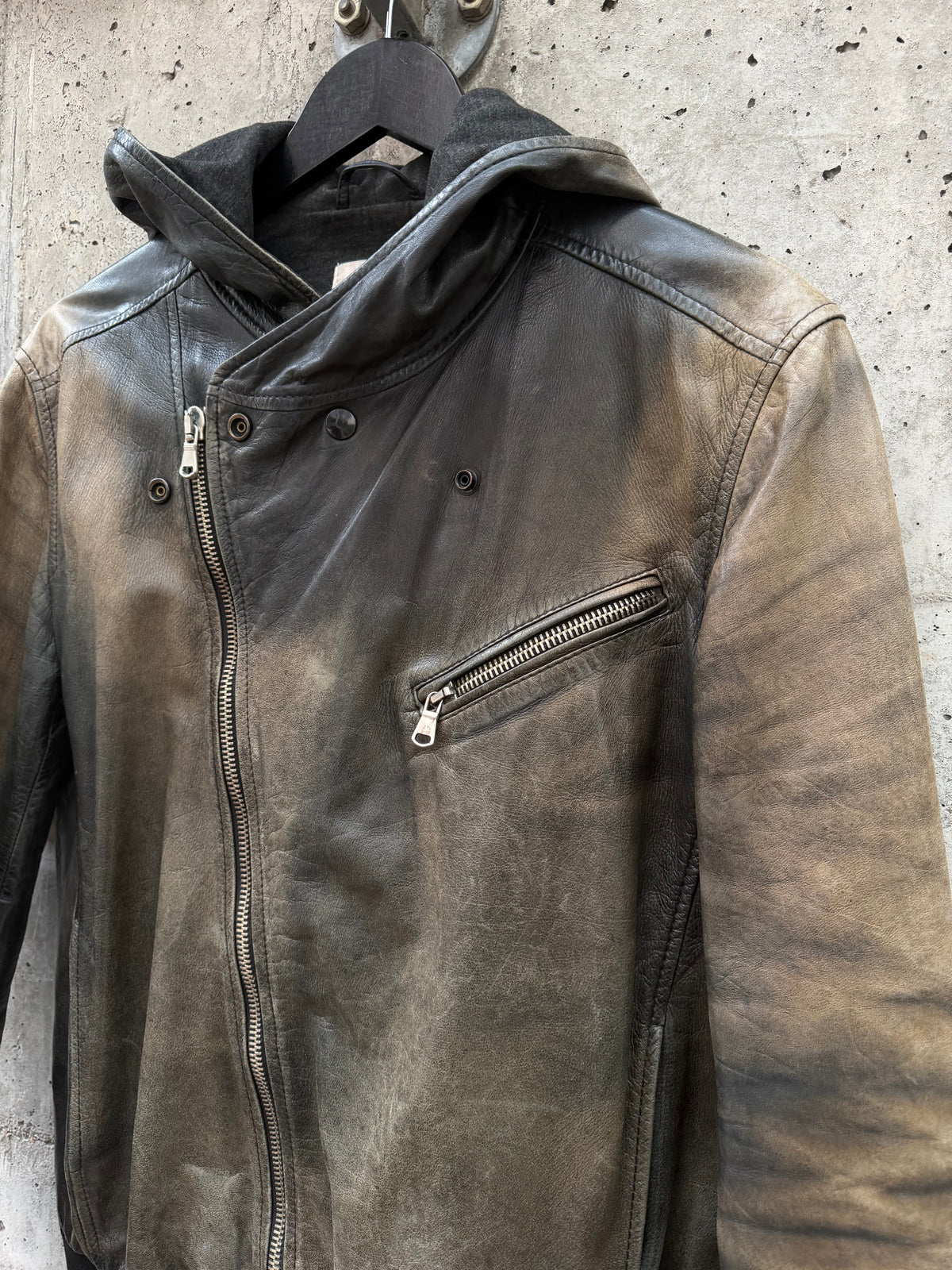 Mauro Grifoni Faded Asymmetrical Hooded Leather Jacket (M)