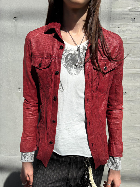 Royal Flash Skull Perforated Tight Fit Leather Shirt (S)