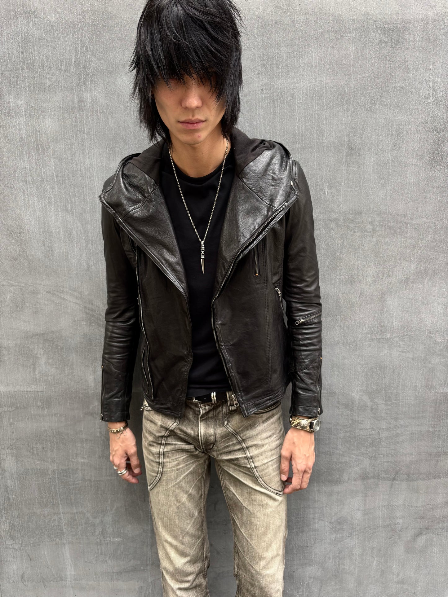 90‘s Hooded Asymmetric Leather Moto Jacket (M)