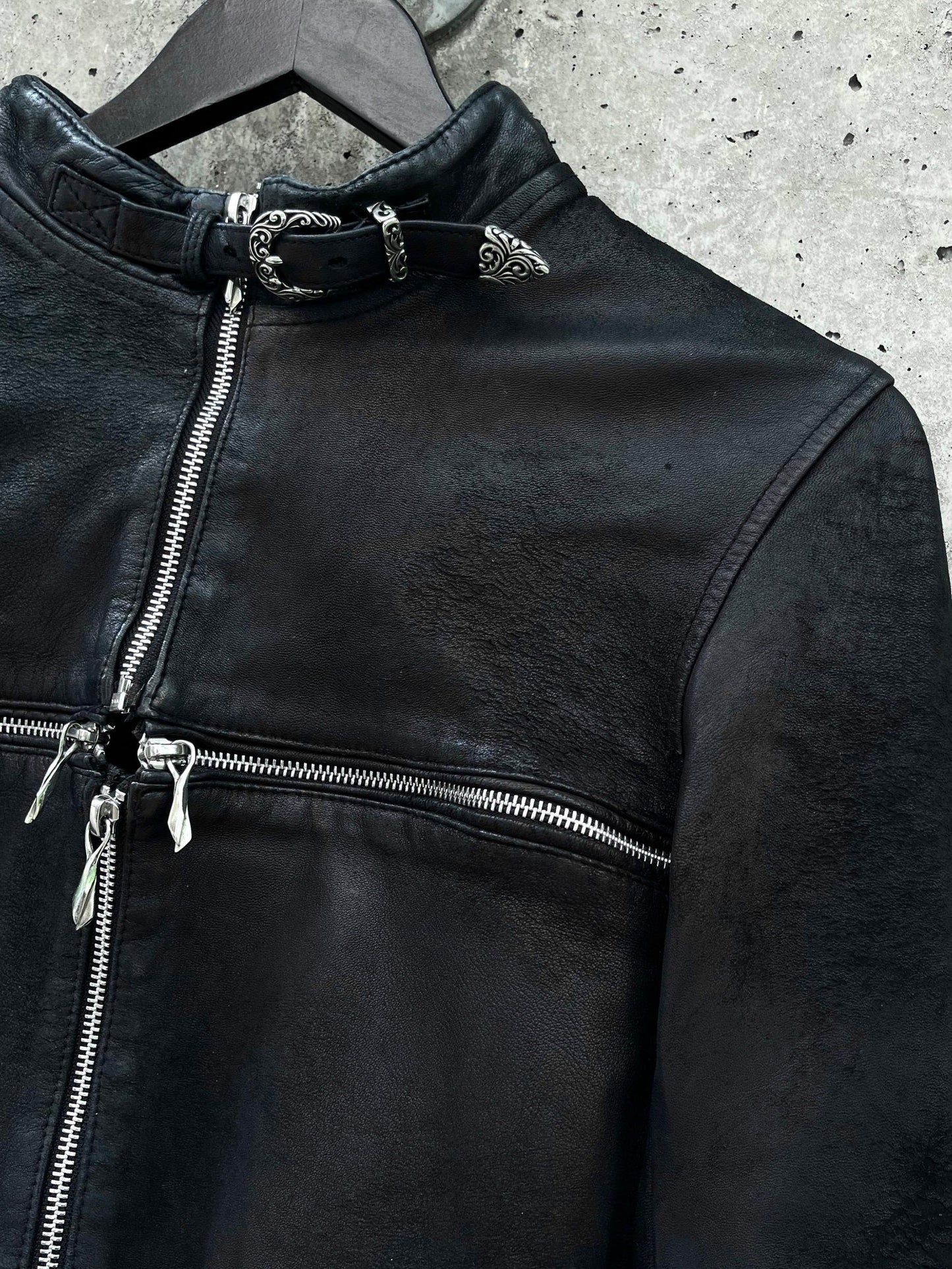 14th Addiction Detoriated Sheepskin Cross-Zip Rider Jacket (S)