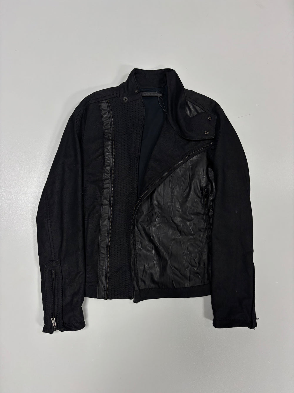 Andrew Mackanzie Waxed Asymmetrical Mock Neck Jacket (XS)