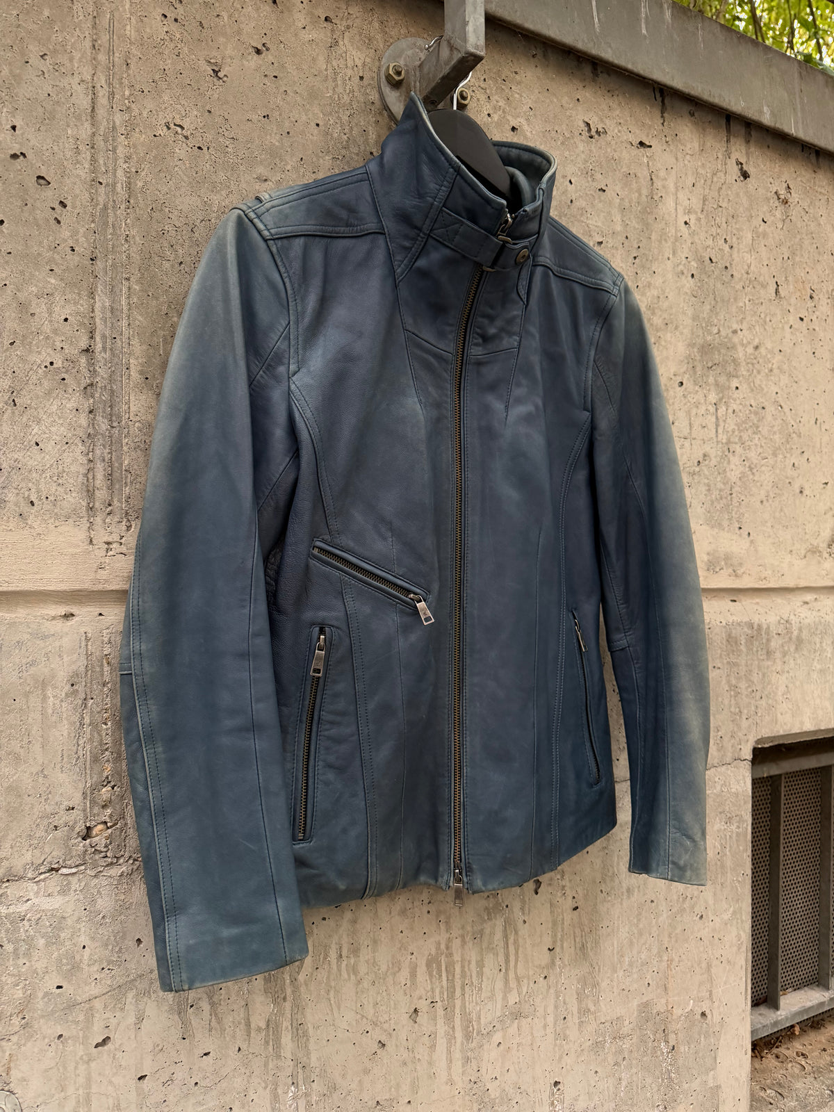 Schlussel Washed High Collar Zip Leather Jacket (2)