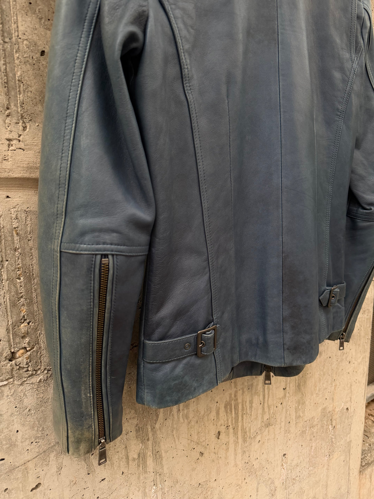 Schlussel Washed High Collar Zip Leather Jacket (2)