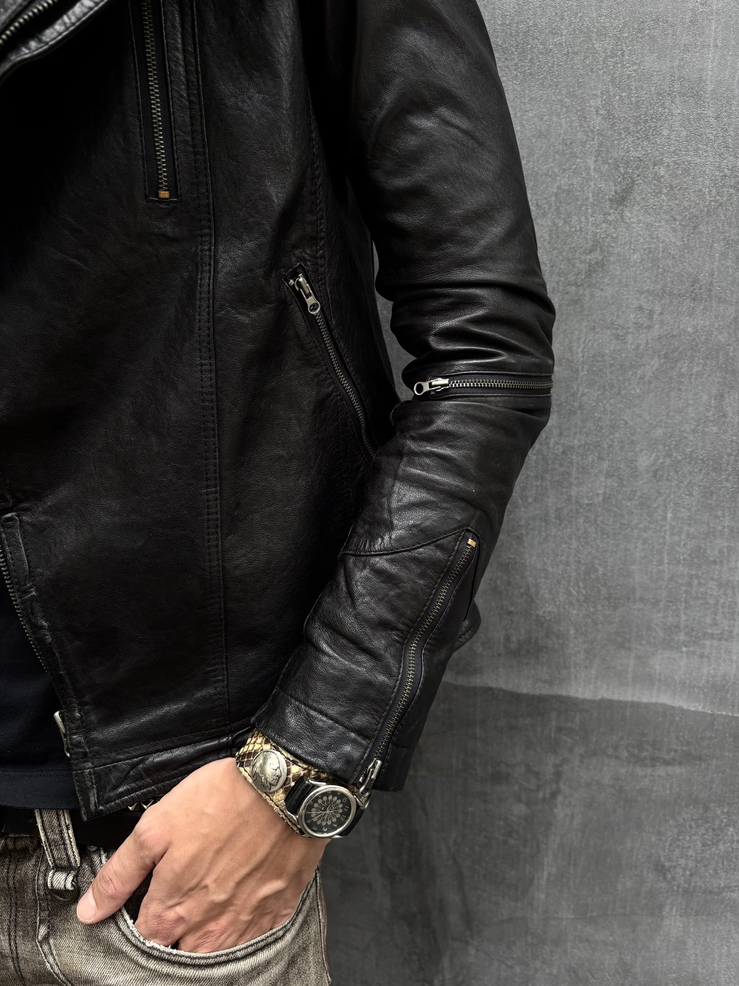 90‘s Hooded Asymmetric Leather Moto Jacket (M)