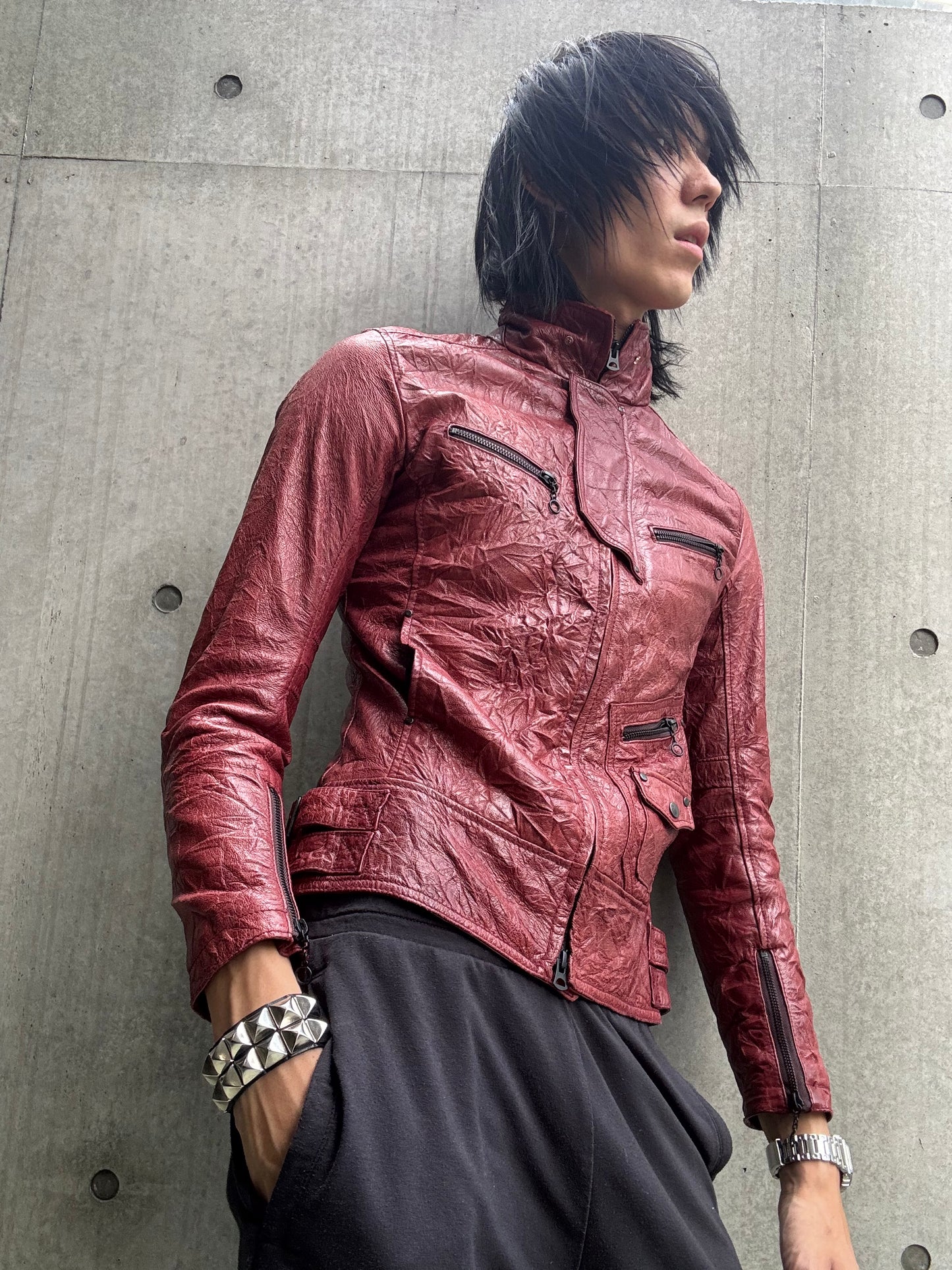 Tete Homme Red Sheep Skin Rider Leather Jacket (M)