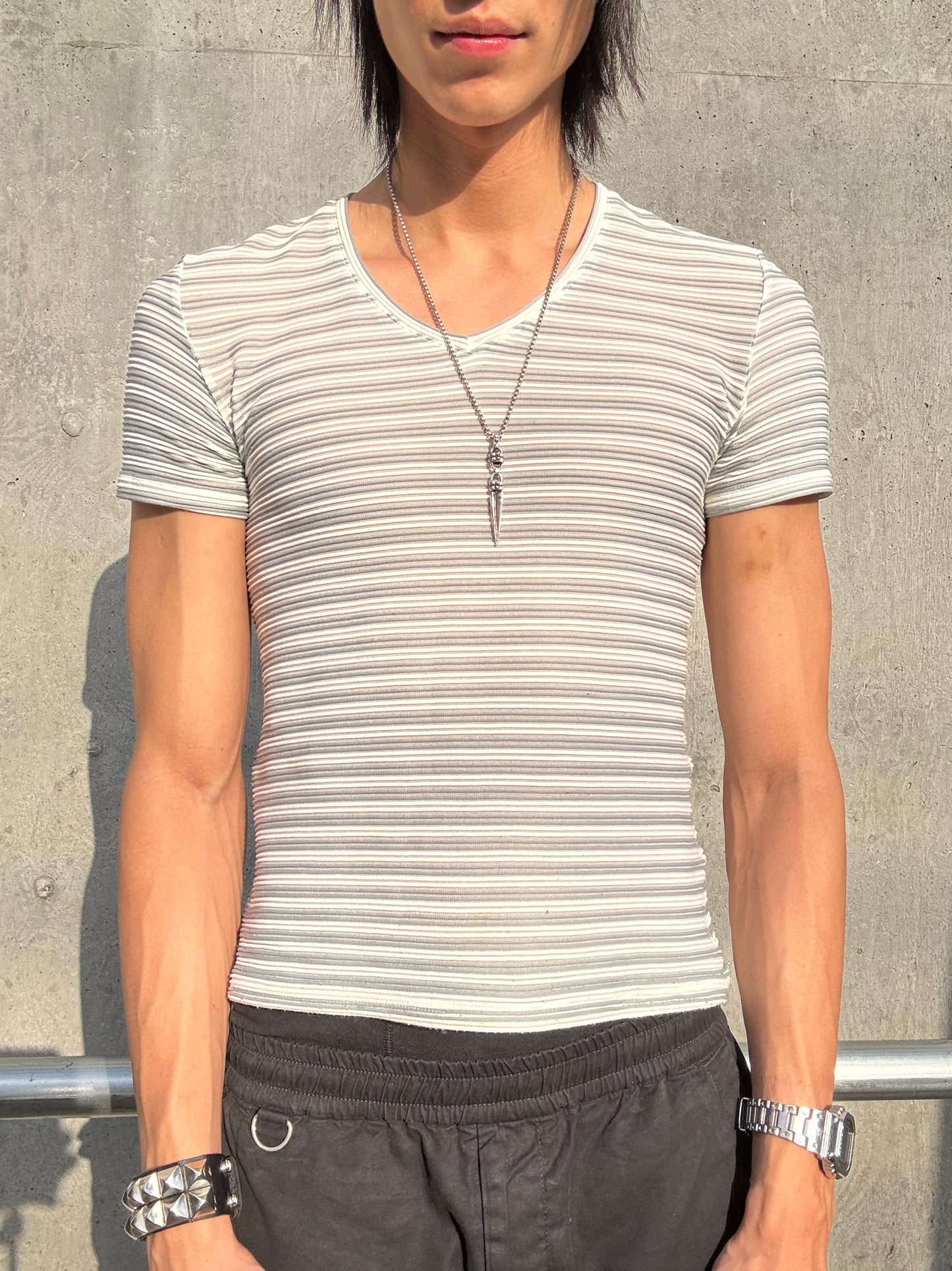 90’s Tornado Mart Striped Plissee Tee (S)