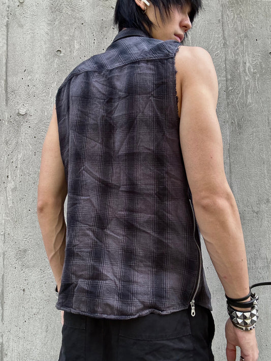 NO ID Black Checkered Sleeveless Button Down Shirt (L)