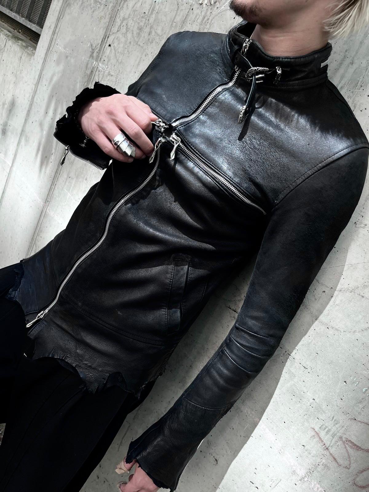 14th Addiction Detoriated Sheepskin Cross-Zip Rider Jacket (S)
