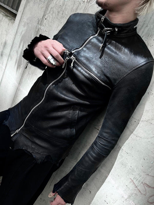 14th Addiction Detoriated Sheepskin Cross-Zip Rider Jacket (S)