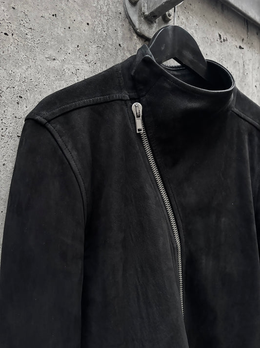 AW/18 Rick Owens Mollino Zip Blistered Suede Black High Neck Leather Jacket (S)