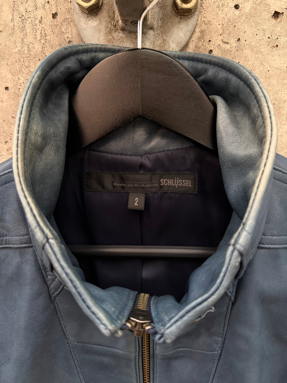 Schlussel Washed High Collar Zip Leather Jacket (2)
