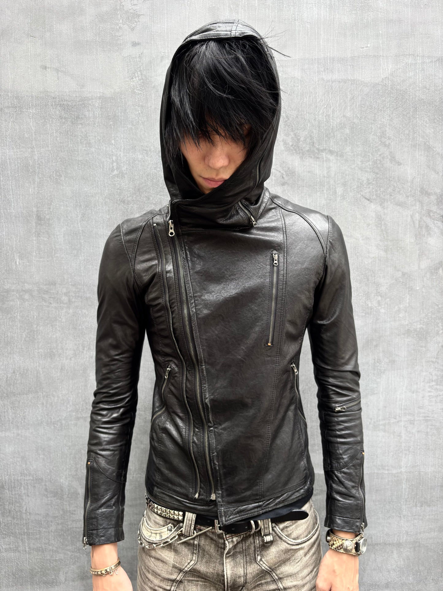 90‘s Hooded Asymmetric Leather Moto Jacket (M)