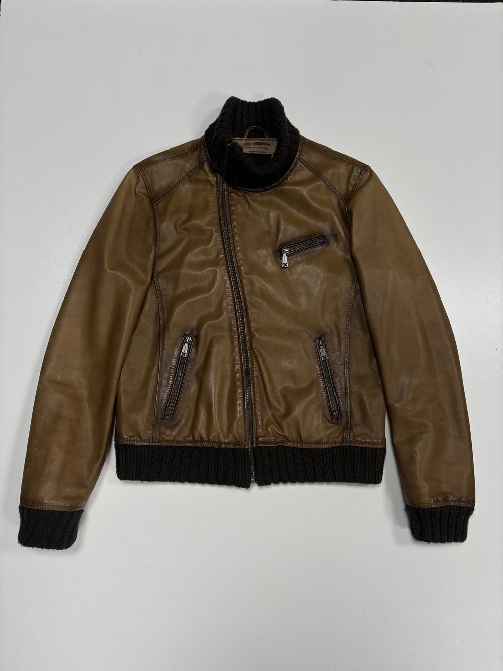 Richmond X Asymmetrical Faded High Neck Leather Jacket (L)