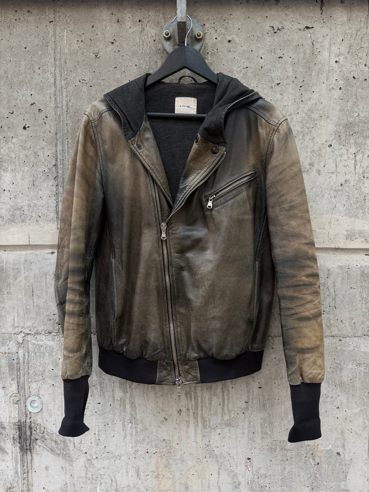 Mauro Grifoni Faded Asymmetrical Hooded Leather Jacket (M)