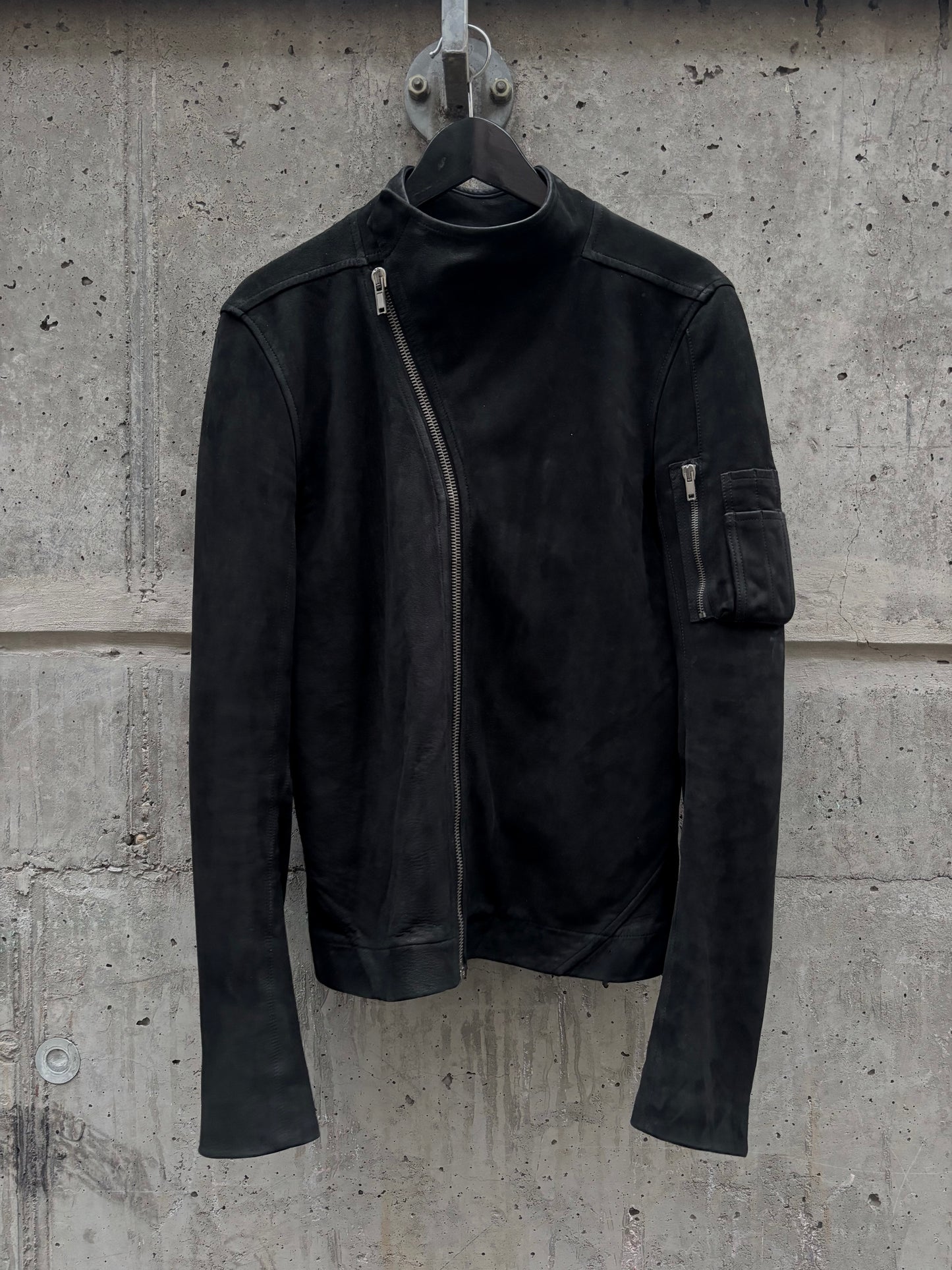 AW/18 Rick Owens Mollino Zip Blistered Suede Black High Neck Leather Jacket (S)