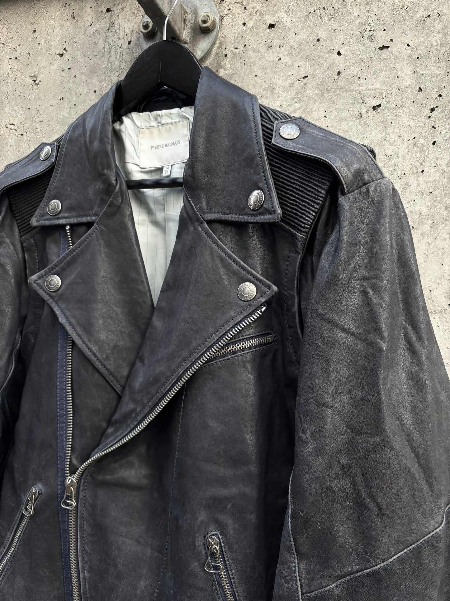 Balmain Navy Tinted Black Leather Perfecto (50)