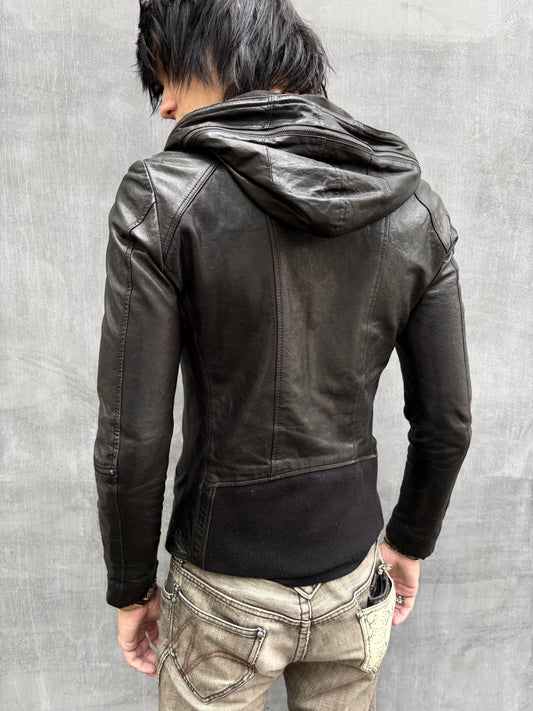 90‘s Hooded Asymmetric Leather Moto Jacket (M)