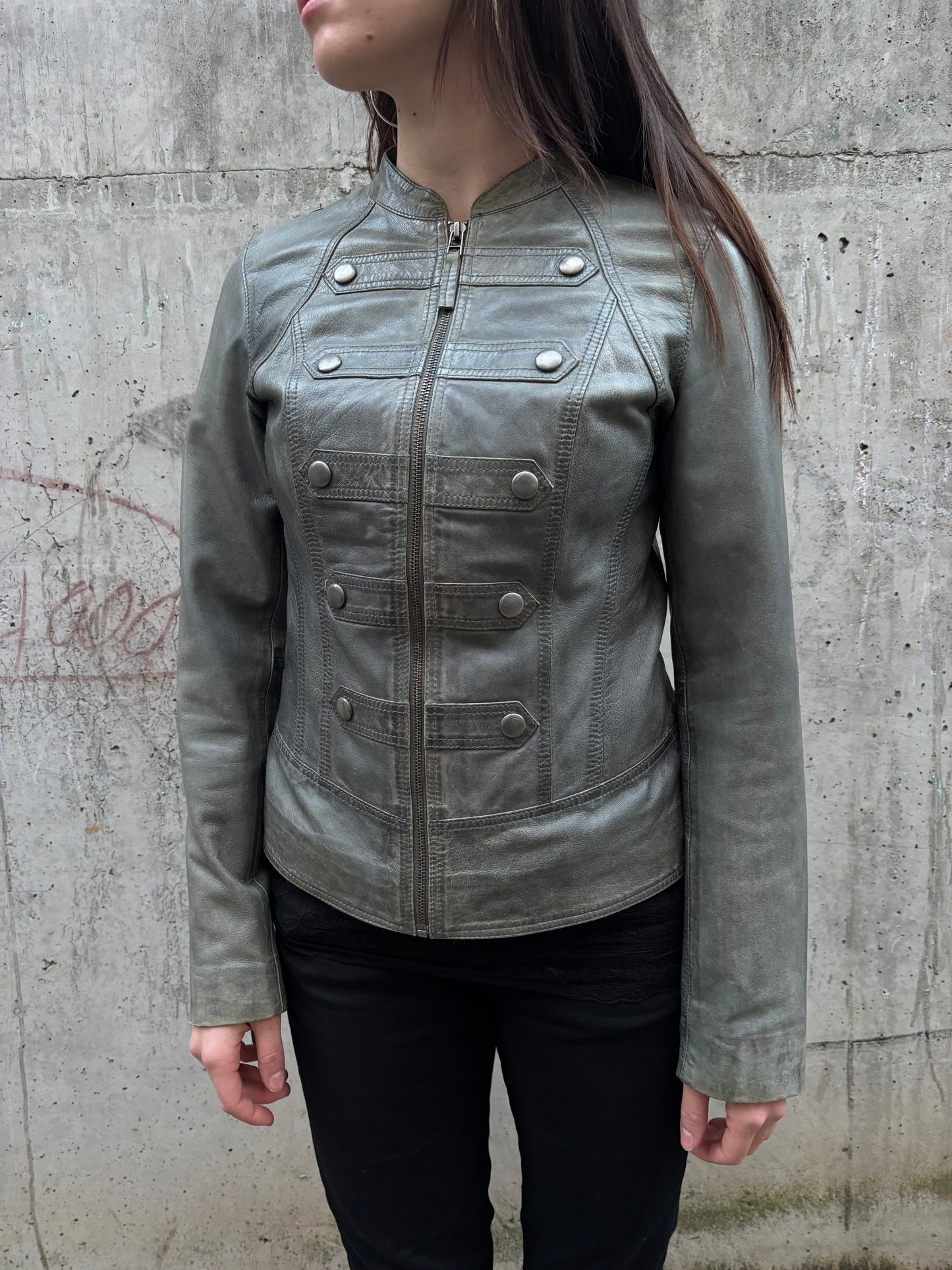 Faded Green Napoleon Women Leather Jacket (M)