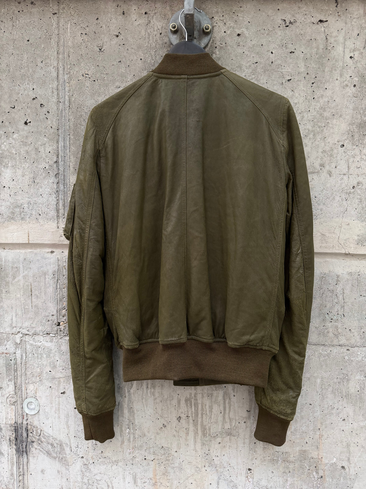 FW/18 Rick Owens Olive Brushed Lamb Nap Intarsia Leather Jacket(48)