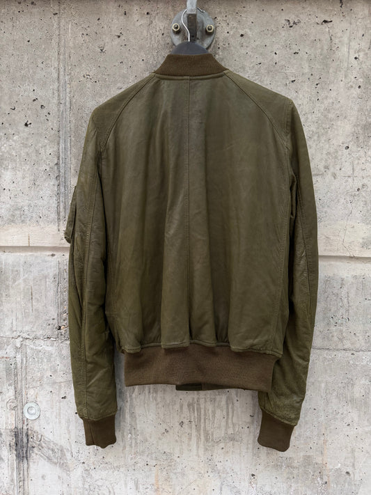 FW/18 Rick Owens Olive Brushed Lamb Nap Intarsia Leather Jacket(48)
