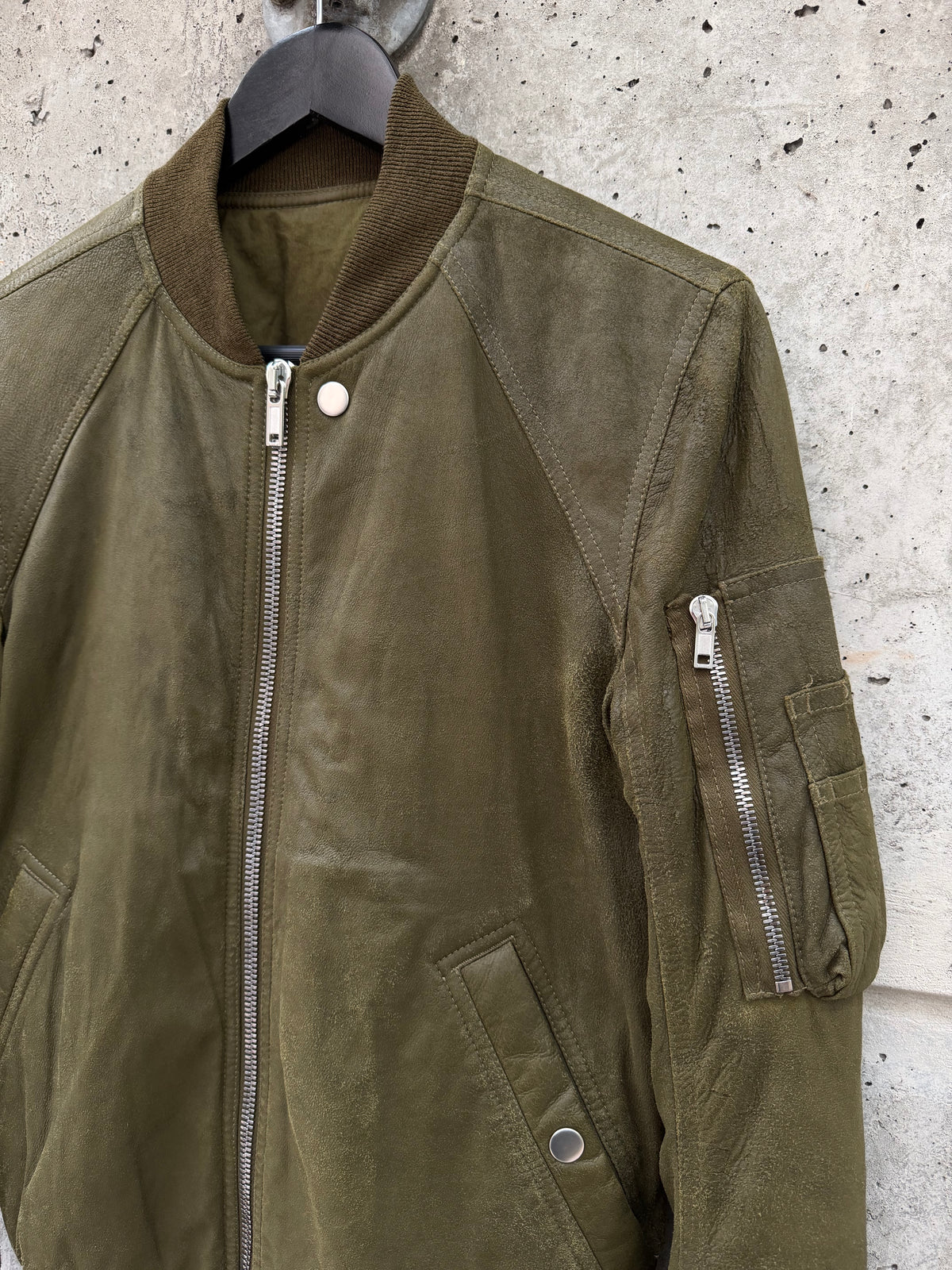 FW/18 Rick Owens Olive Brushed Lamb Nap Intarsia Leather Jacket(48)