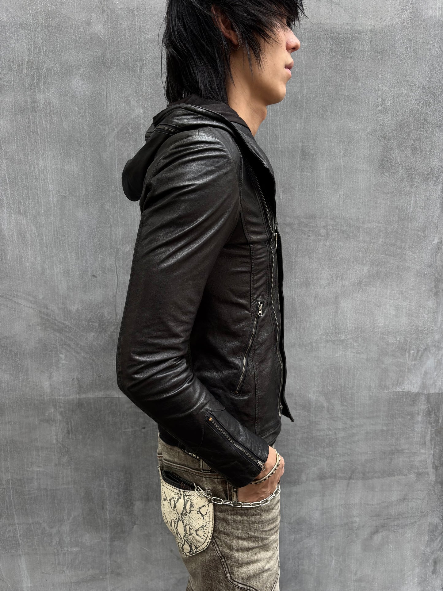 90‘s Hooded Asymmetric Leather Moto Jacket (M)