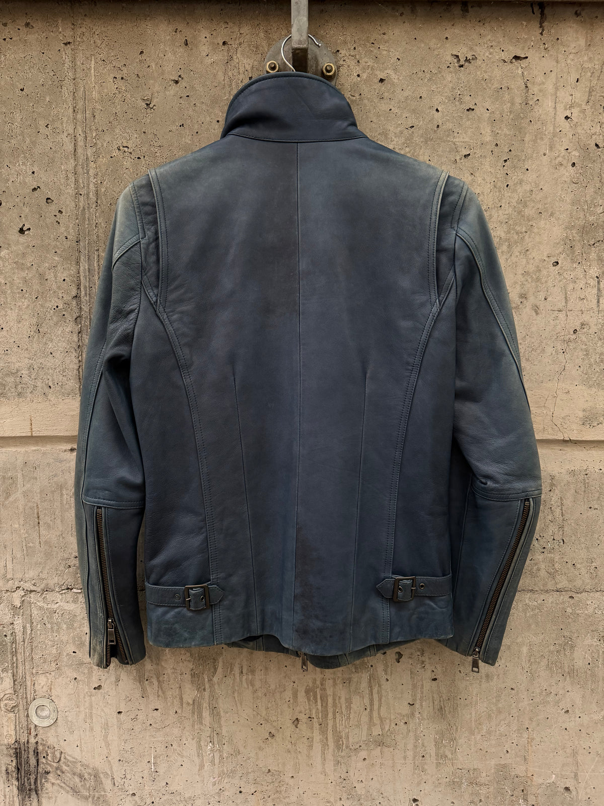 Schlussel Washed High Collar Zip Leather Jacket (2)