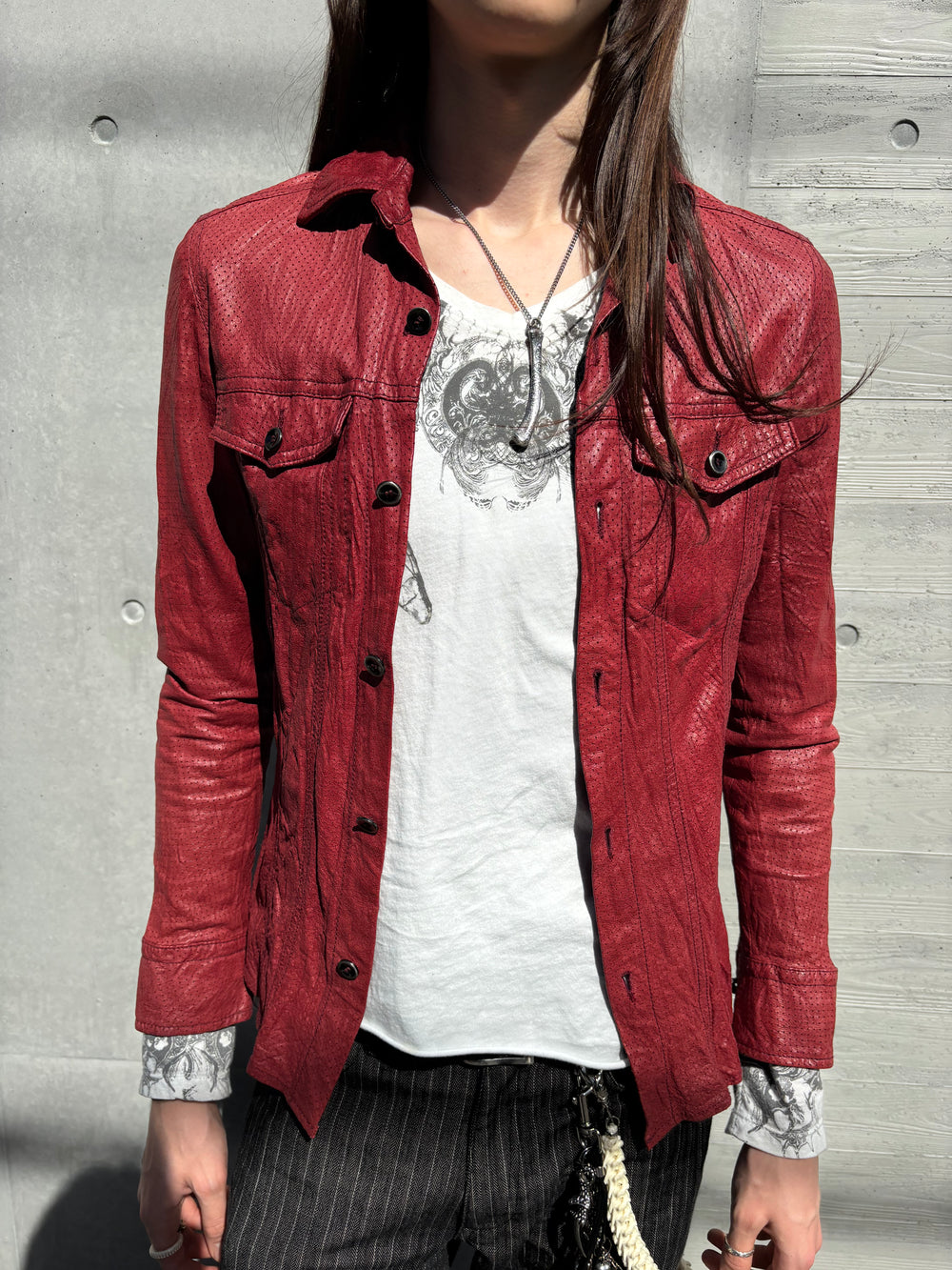 Royal Flash Skull Perforated Tight Fit Leather Shirt (S)