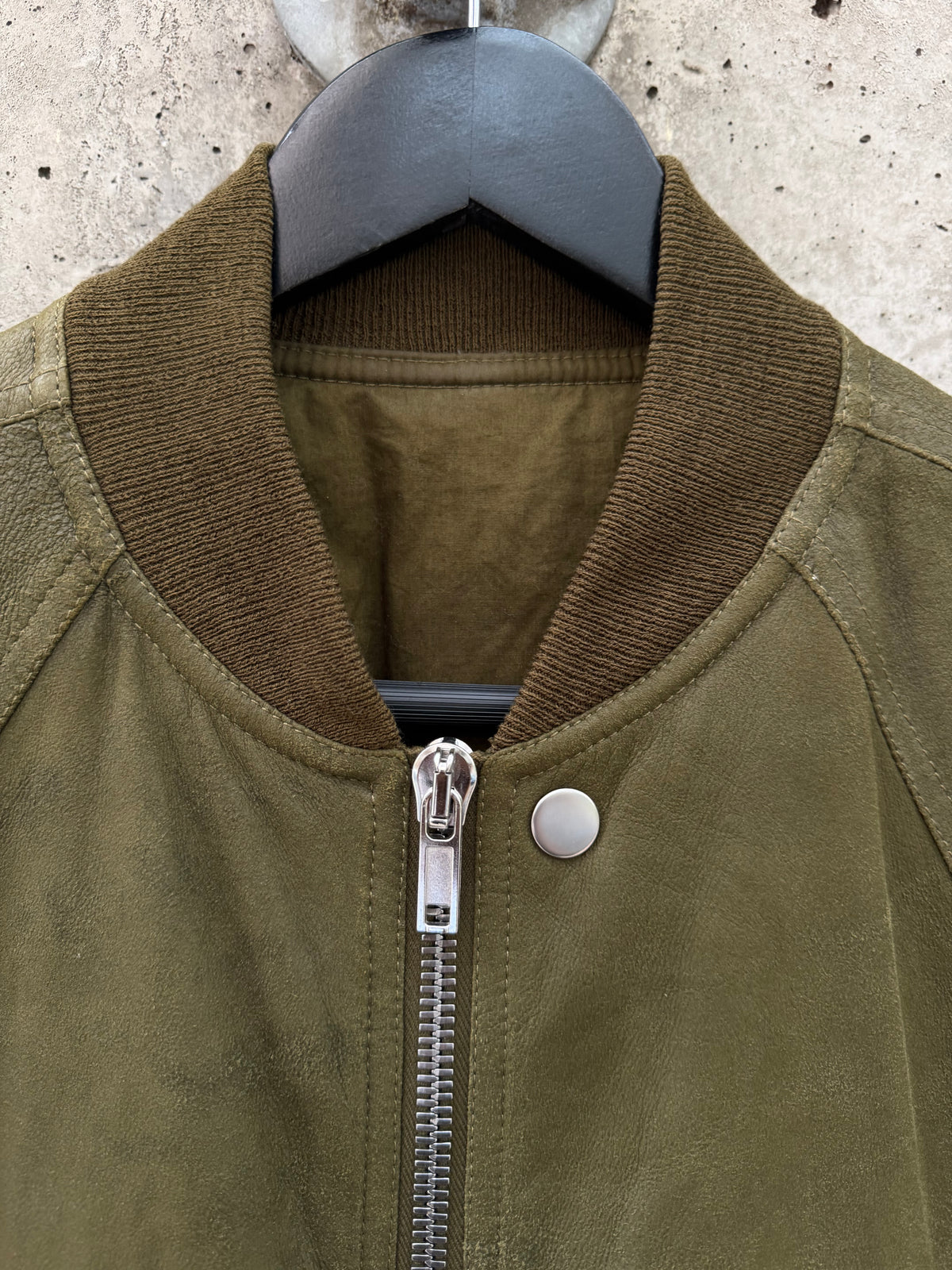 FW/18 Rick Owens Olive Brushed Lamb Nap Intarsia Leather Jacket(48)