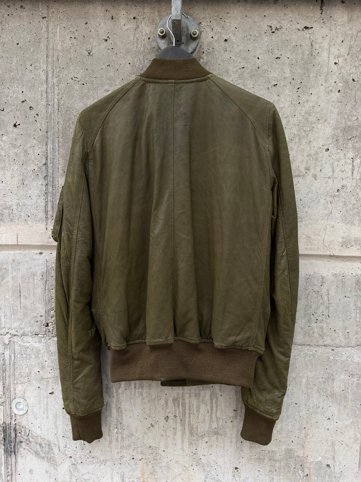 FW/18 Rick Owens Olive Brushed Lamb Nap Intarsia Leather Jacket(48)
