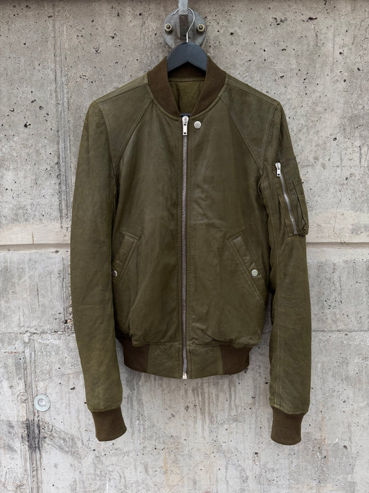 FW/18 Rick Owens Olive Brushed Lamb Nap Intarsia Leather Jacket(48)
