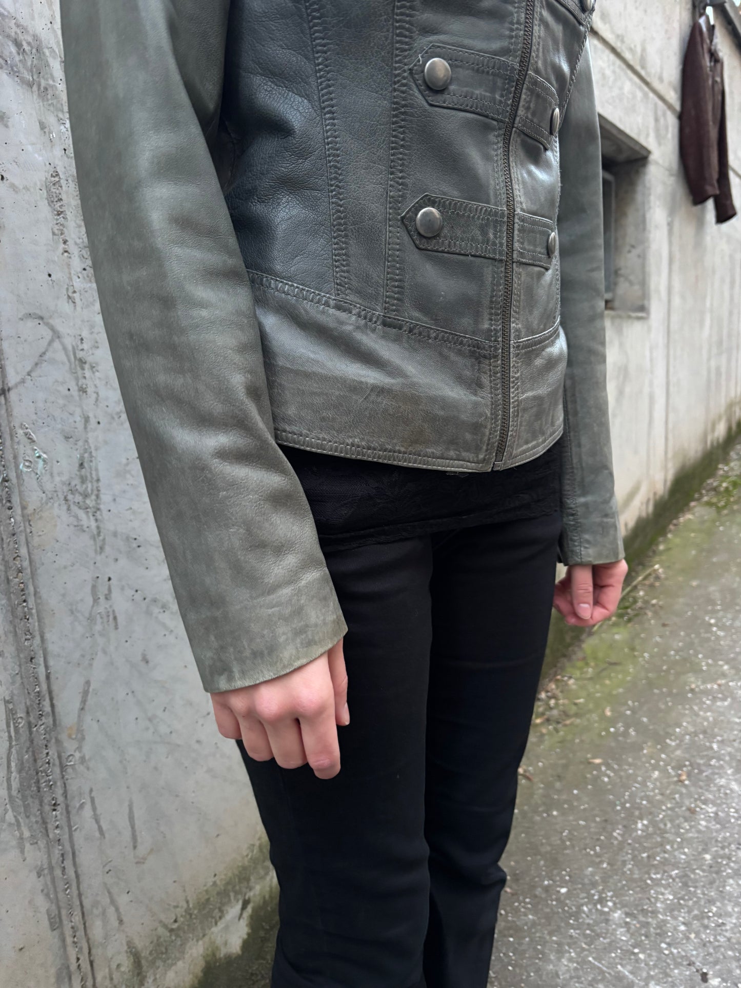 Faded Green Napoleon Women Leather Jacket (M)