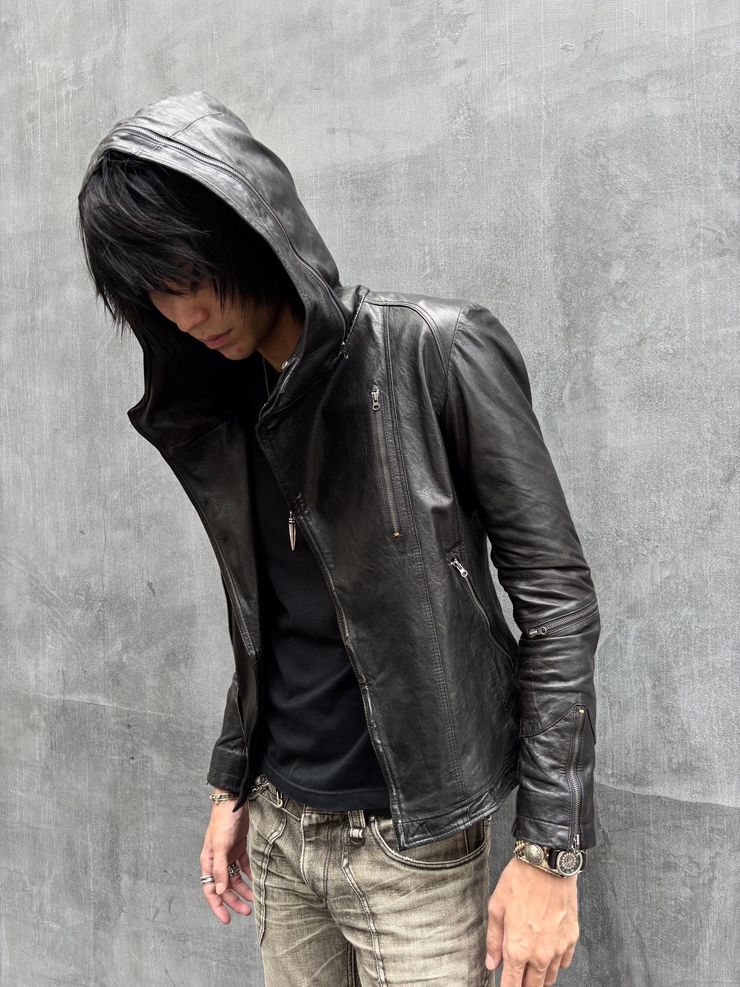 90‘s Hooded Asymmetric Leather Moto Jacket (M)