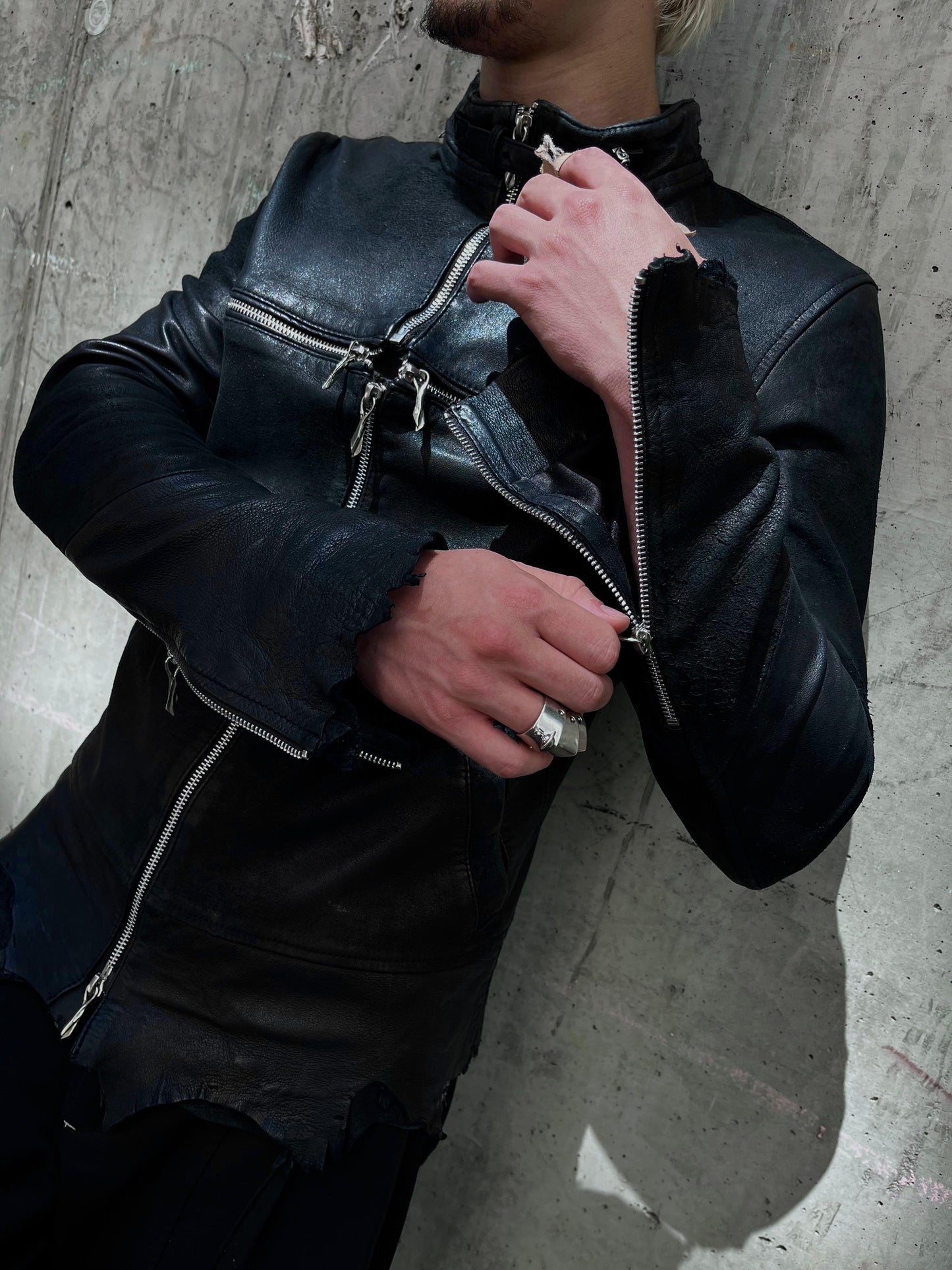 14th Addiction Detoriated Sheepskin Cross-Zip Rider Jacket (S)