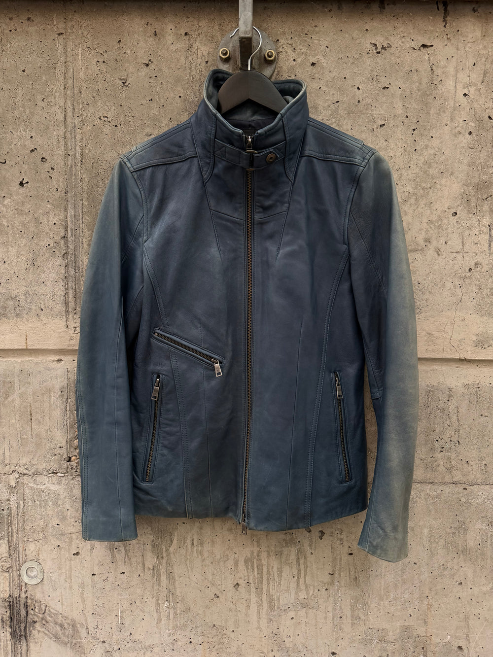 Schlussel Washed High Collar Zip Leather Jacket (2)