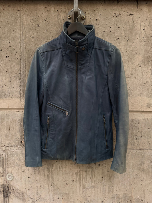 Schlussel Washed High Collar Zip Leather Jacket (2)