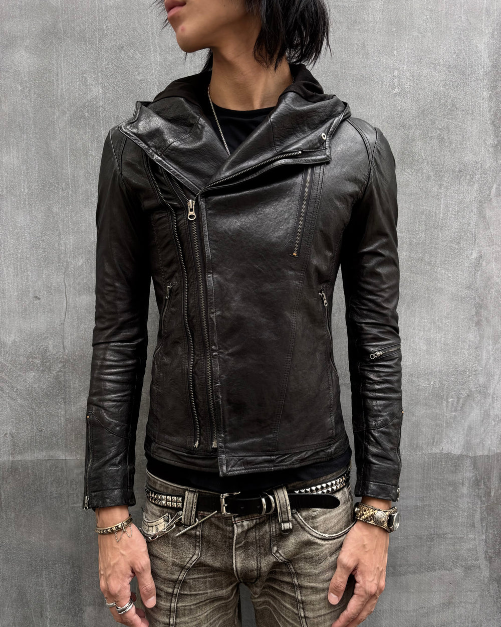 90‘s Hooded Asymmetric Leather Moto Jacket (M)