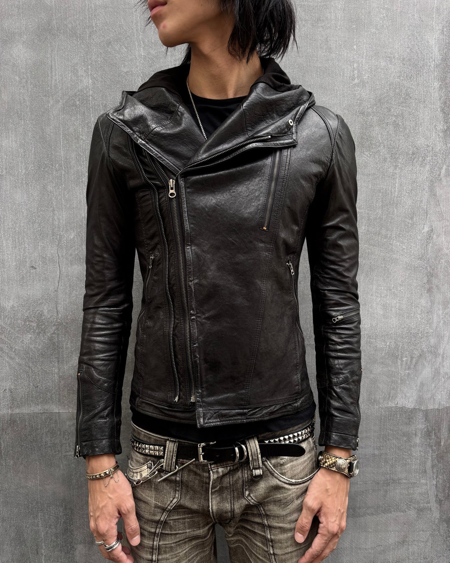 90‘s Hooded Asymmetric Leather Moto Jacket (M)