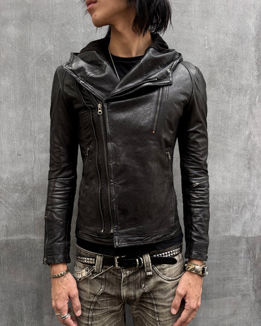 90‘s Hooded Asymmetric Leather Moto Jacket (M)