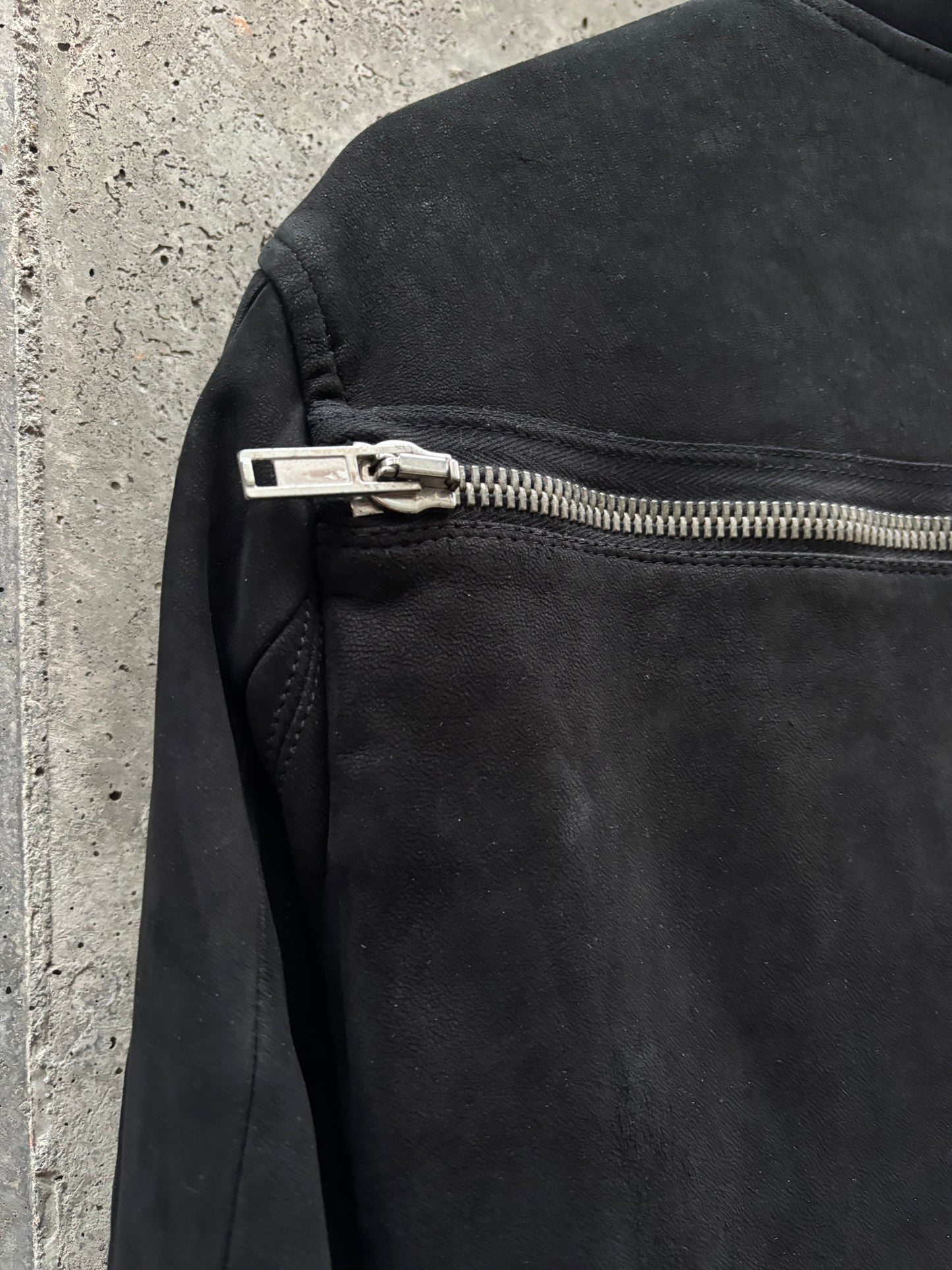 AW/18 Rick Owens Mollino Zip Blistered Suede Black High Neck Leather Jacket (S)