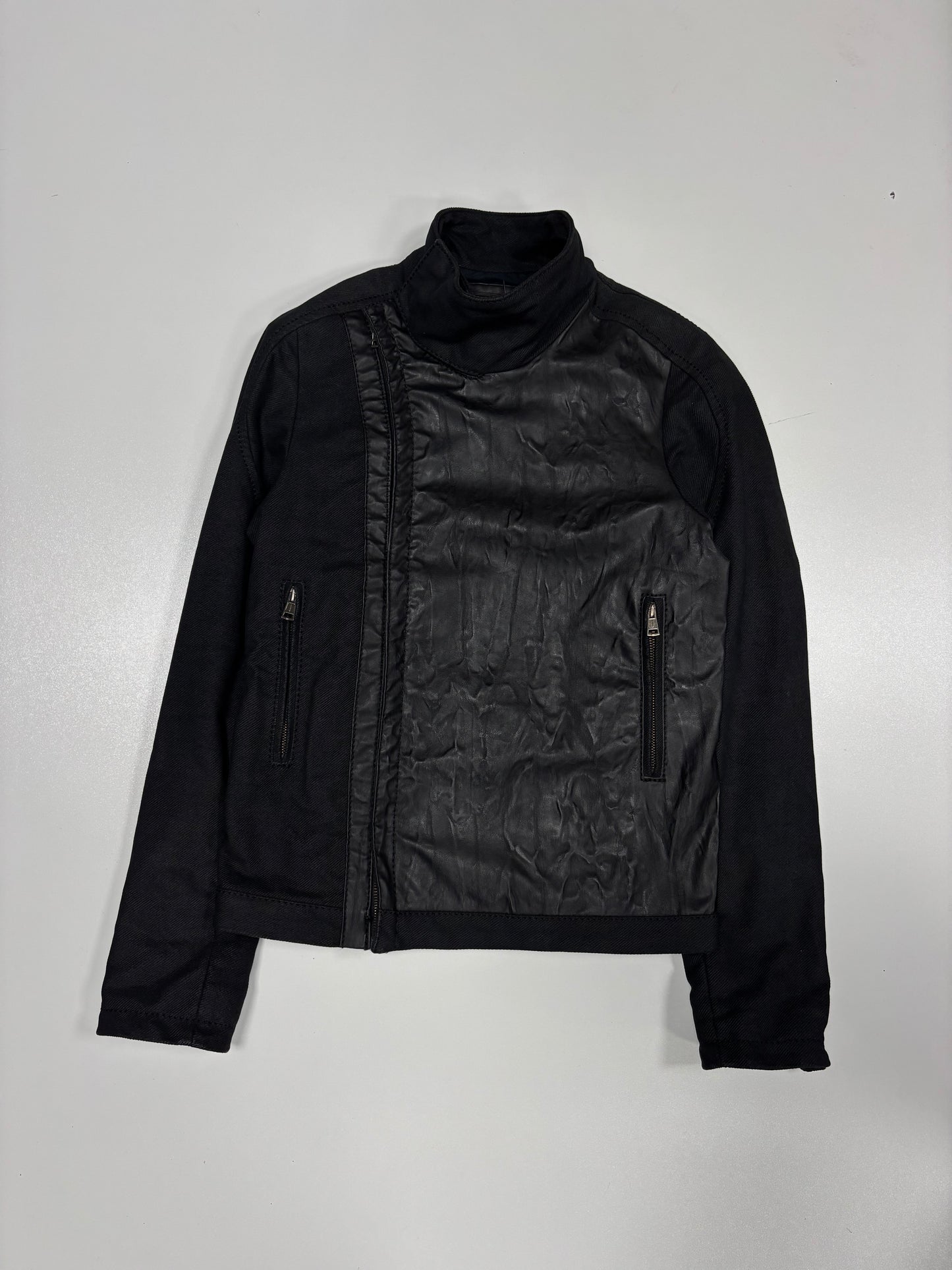 Andrew Mackanzie Waxed Asymmetrical Mock Neck Jacket (XS)