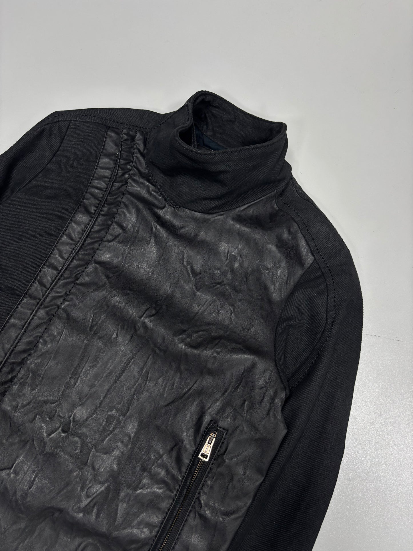 Andrew Mackanzie Waxed Asymmetrical Mock Neck Jacket (XS)