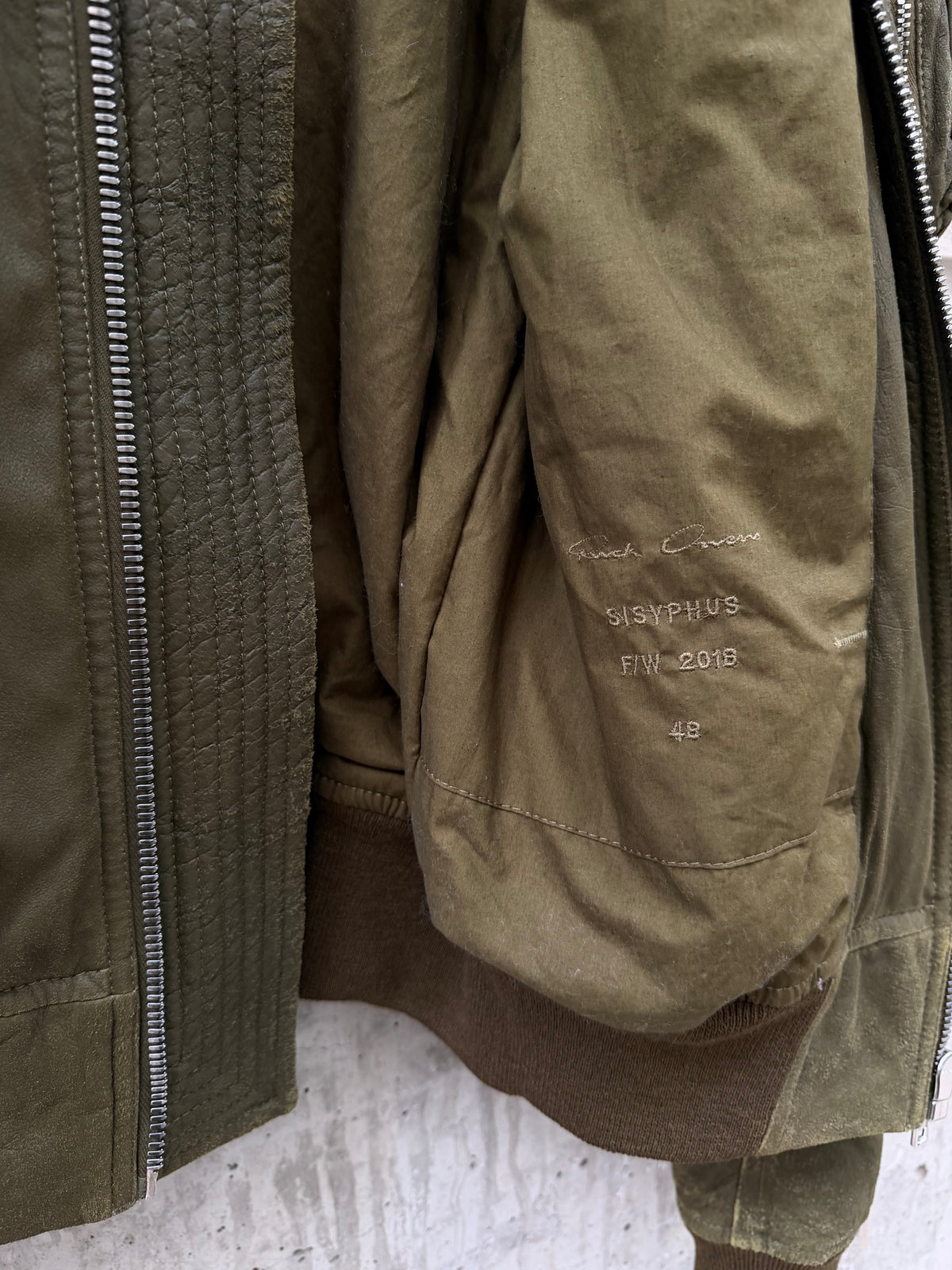 FW/18 Rick Owens Olive Brushed Lamb Nap Intarsia Leather Jacket(48)